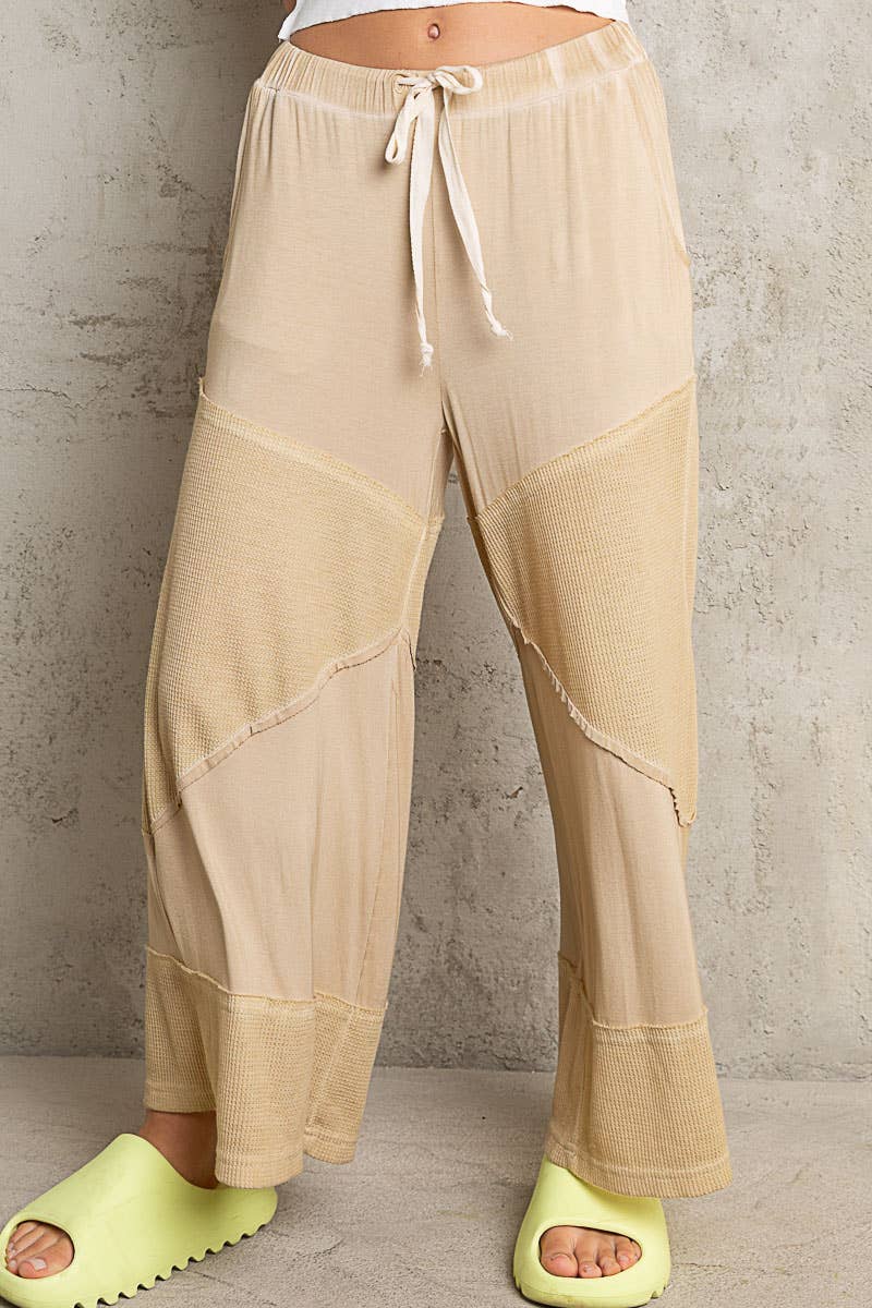 Contrast ribbed elastic waist casual knit culottes pants