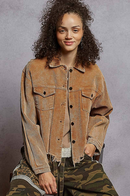 Pocket front button down distressed hem corduroy jacket