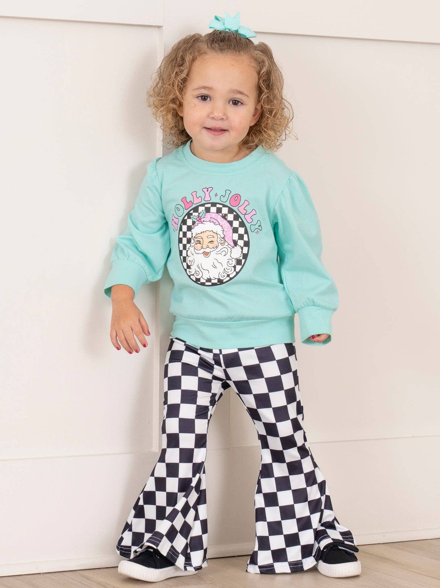 Teal Santa Checkers Bell Bottoms Outfit