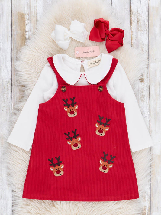 Embroidered Reindeer Corduroy Skirtall Set
