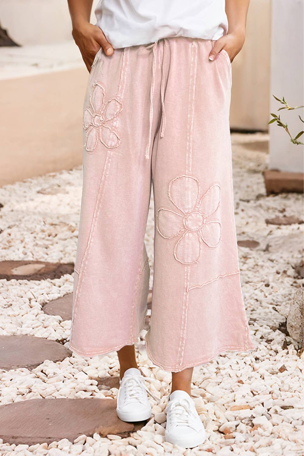 LDC Floral Patch Mineral Washed Terry Knit Cropped Pants