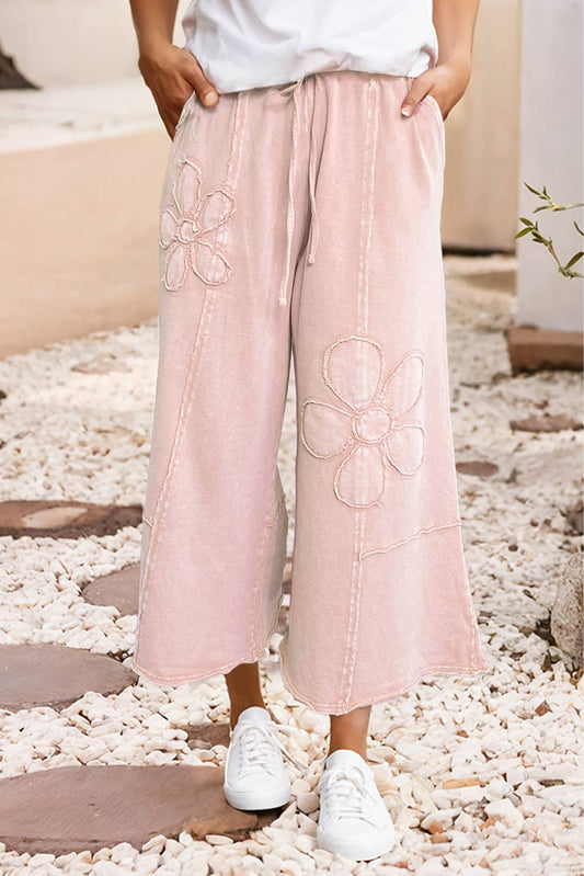 LDC Floral Patch Mineral Washed Terry Knit Cropped Pants