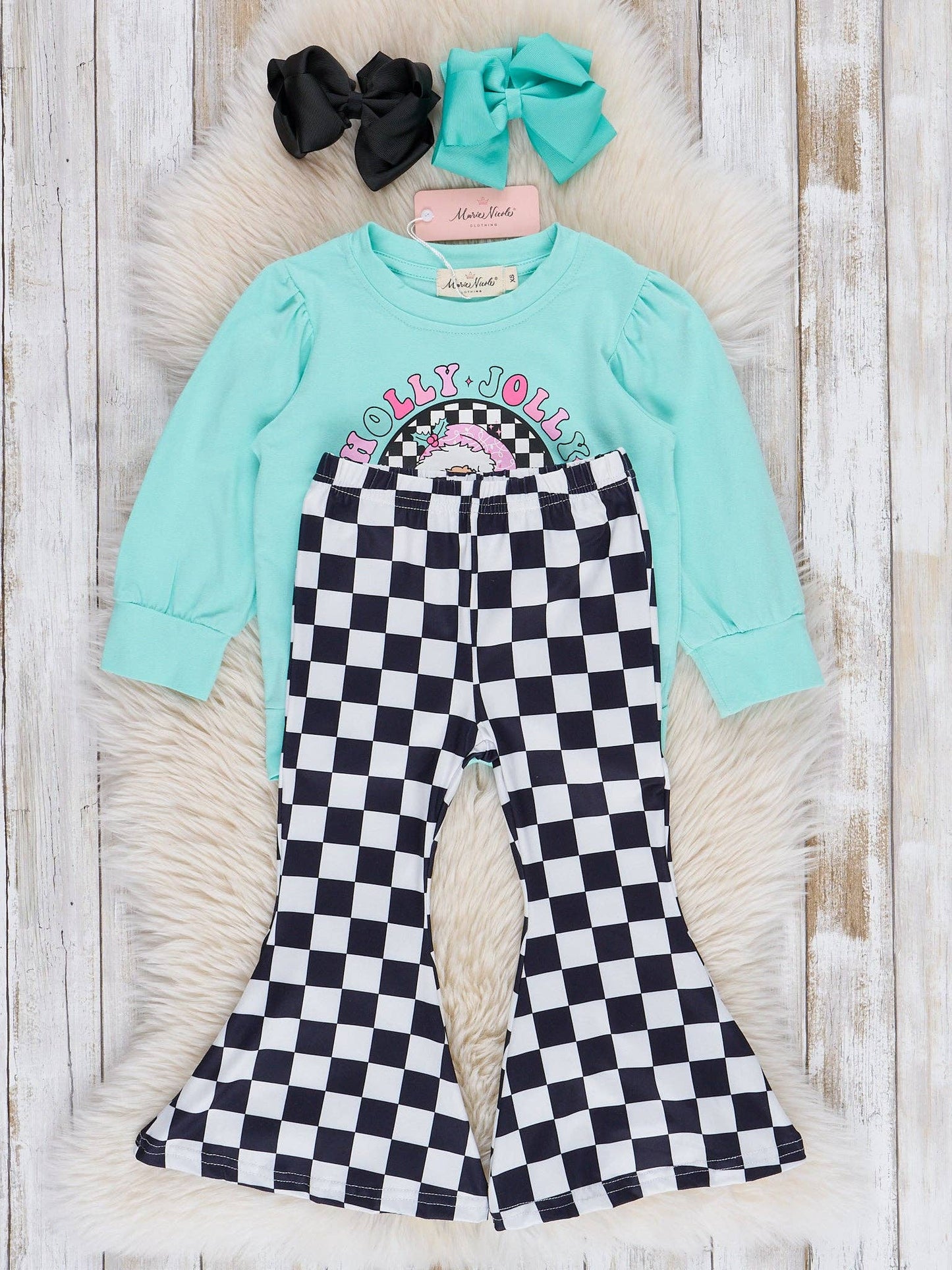 Teal Santa Checkers Bell Bottoms Outfit