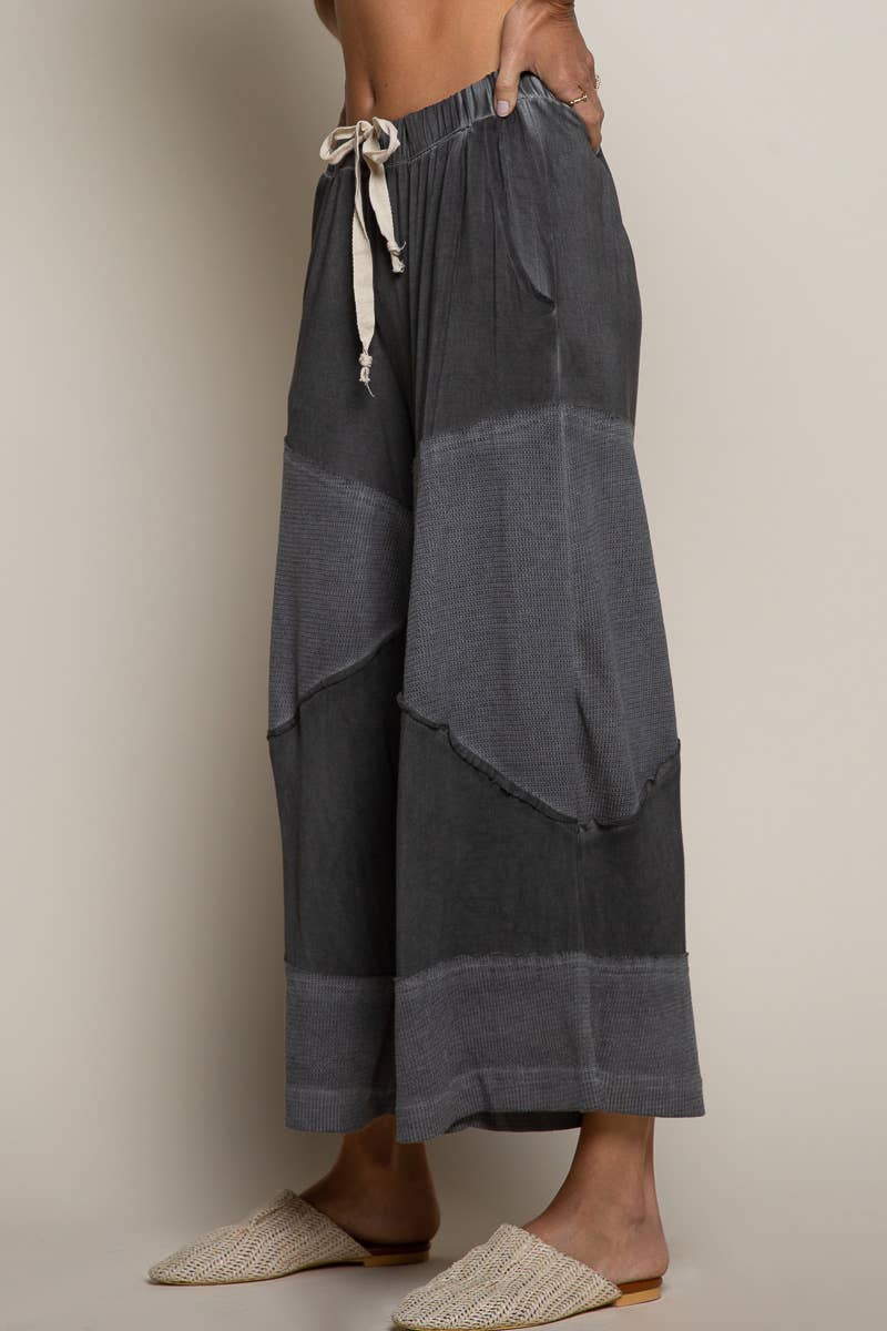 Contrast ribbed elastic waist casual knit culottes pants