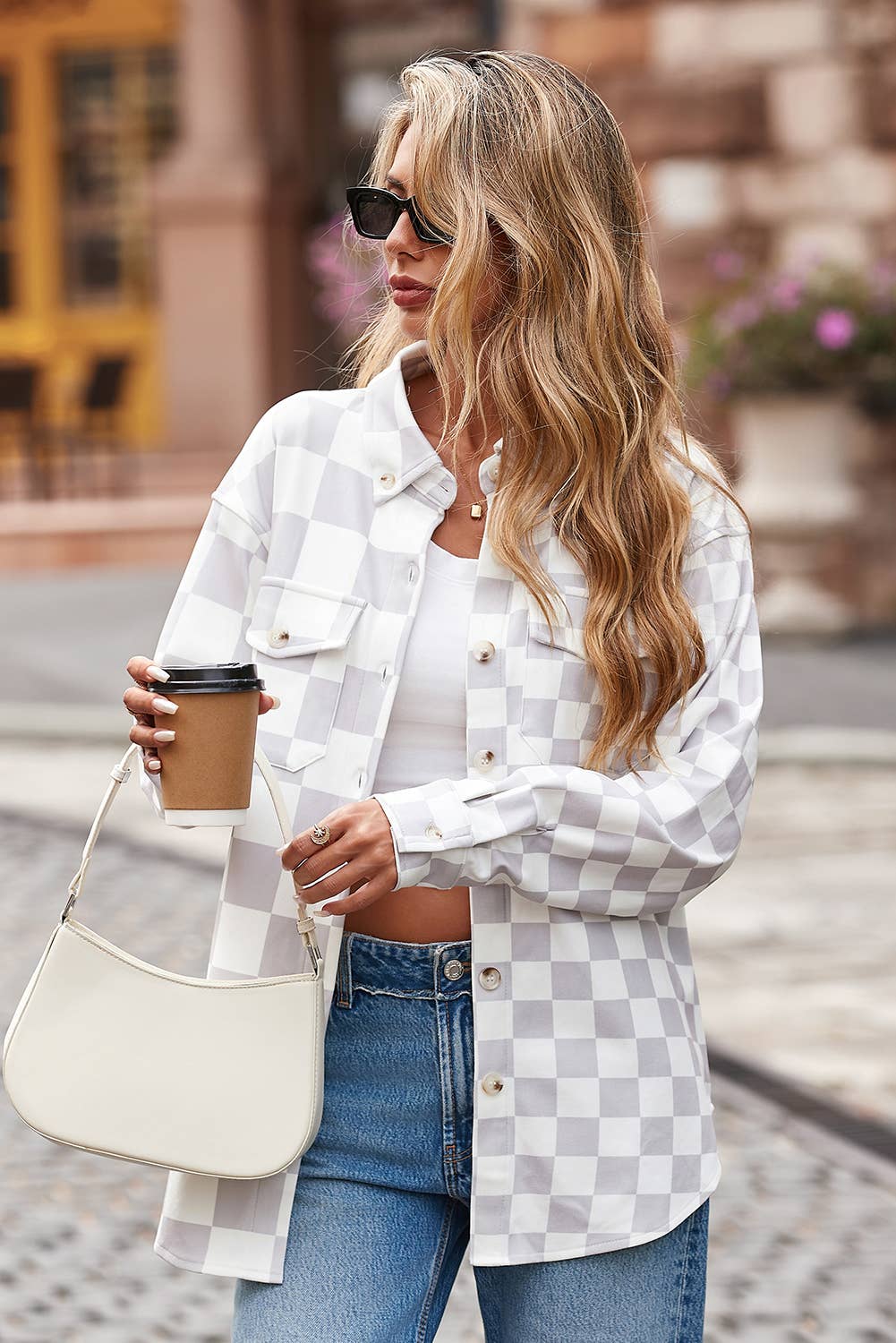 LDC Checkerboard Flap Pocket Button Front Shacket