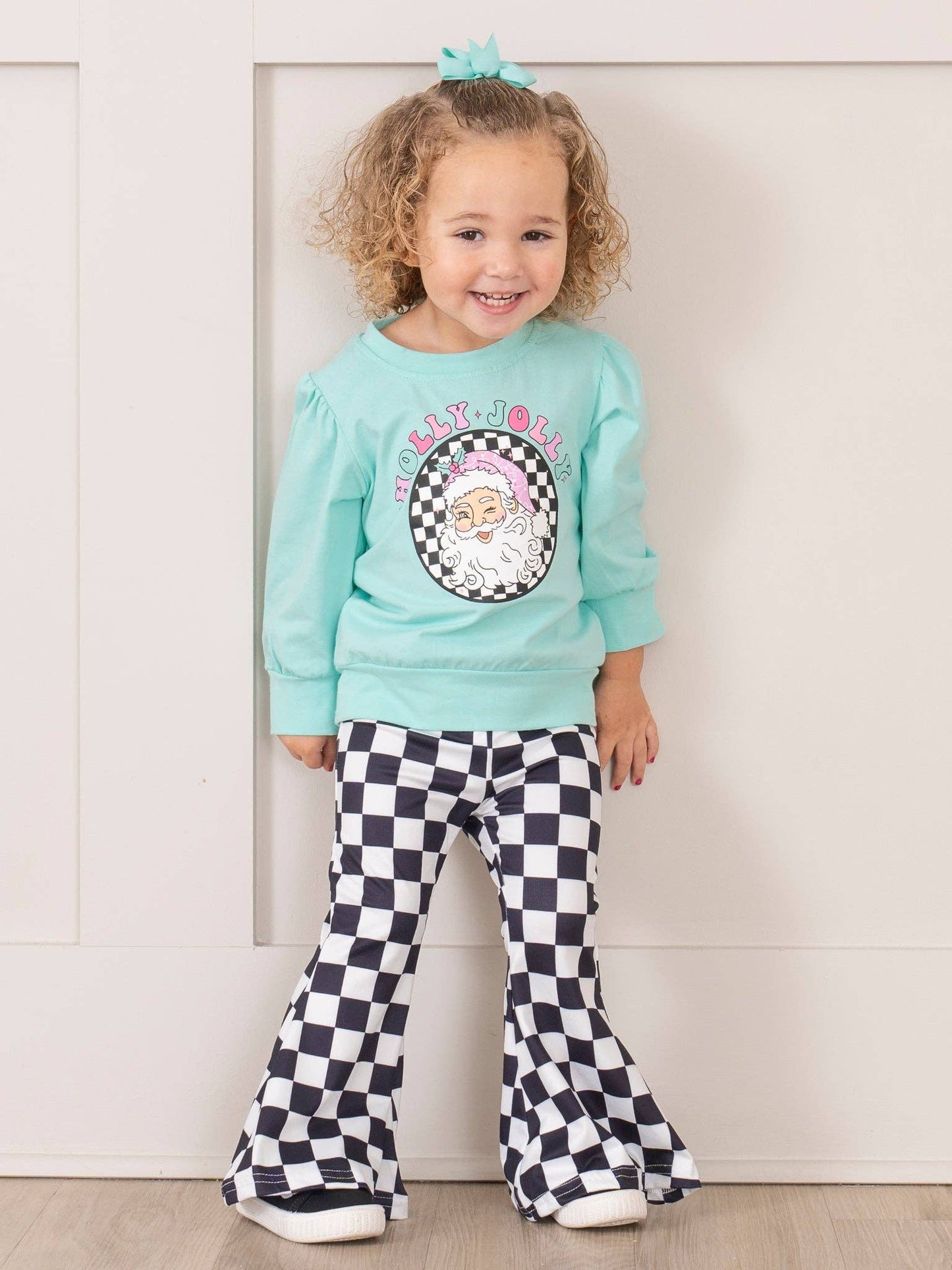 Teal Santa Checkers Bell Bottoms Outfit