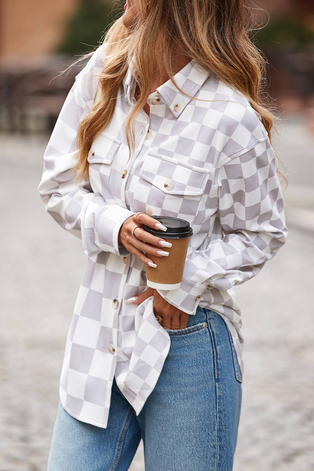LDC Checkerboard Flap Pocket Button Front Shacket