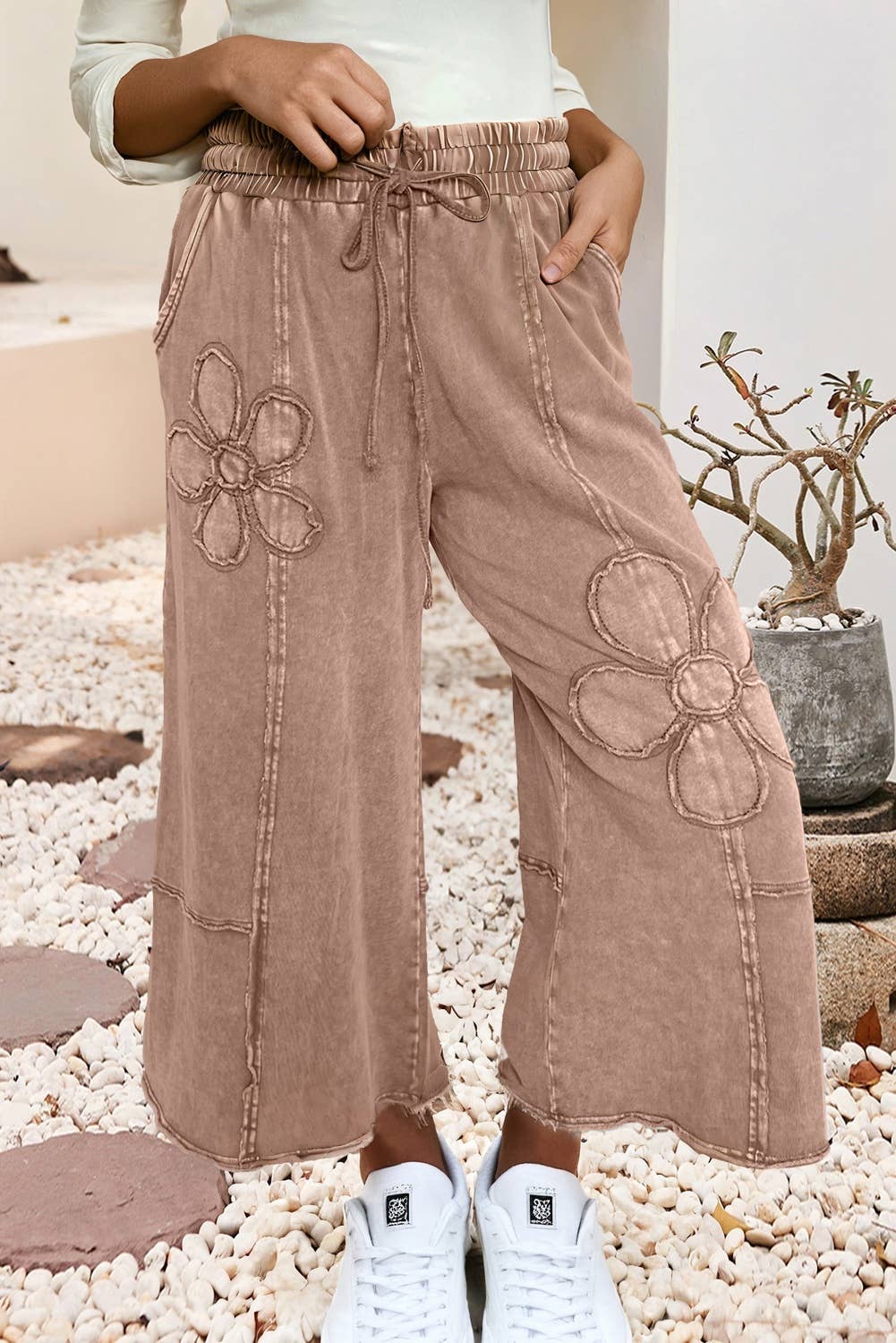 LDC Floral Patch Mineral Washed Terry Knit Cropped Pants