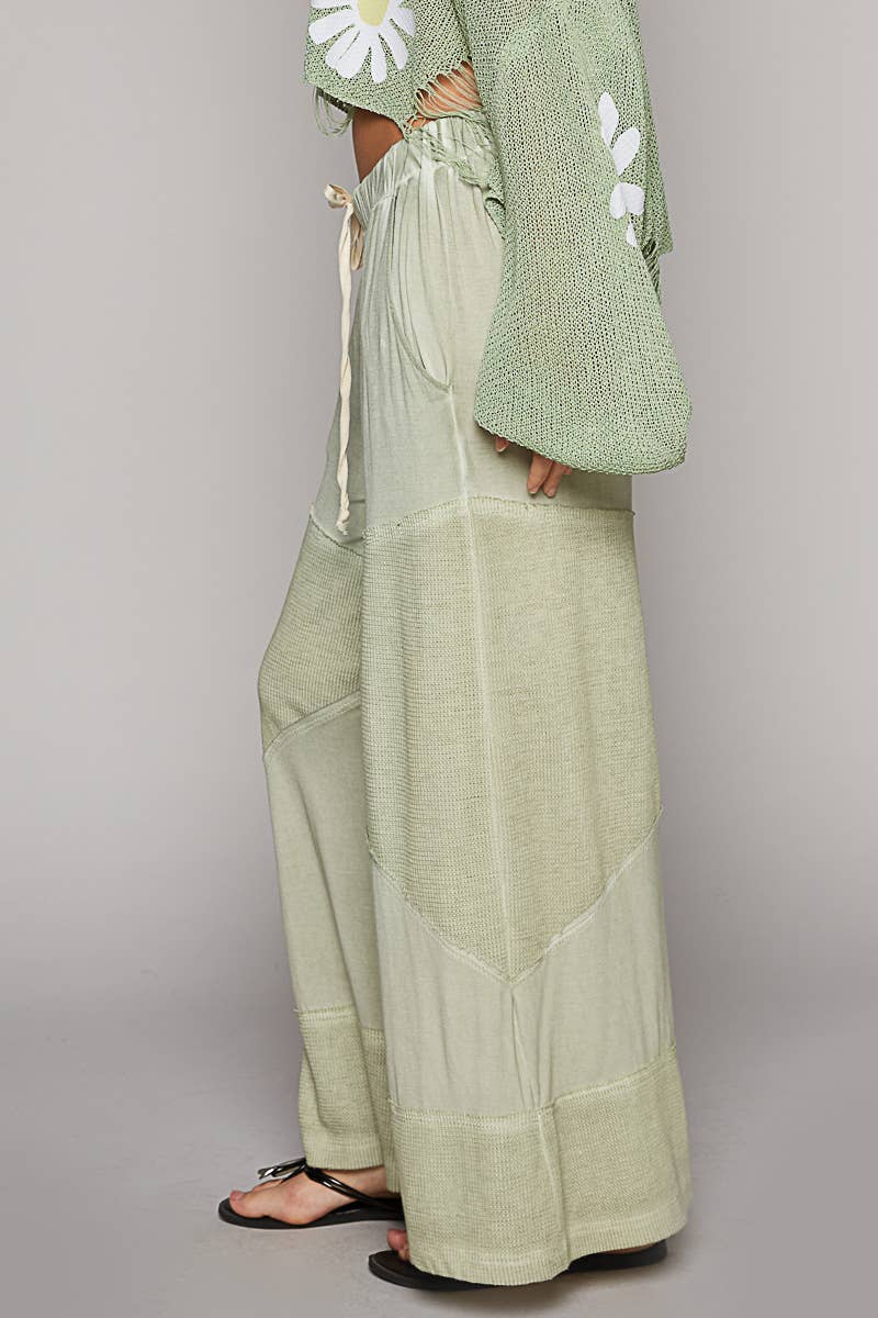 Contrast ribbed elastic waist casual knit culottes pants