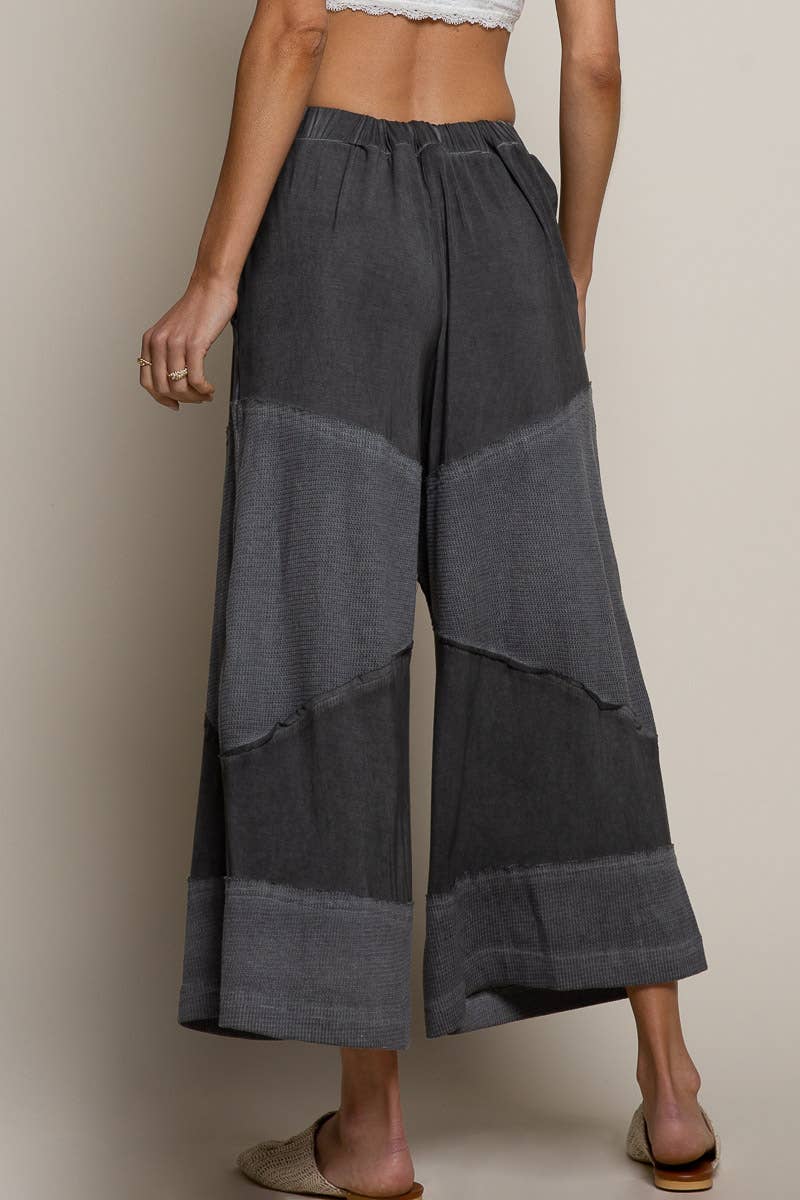 Contrast ribbed elastic waist casual knit culottes pants
