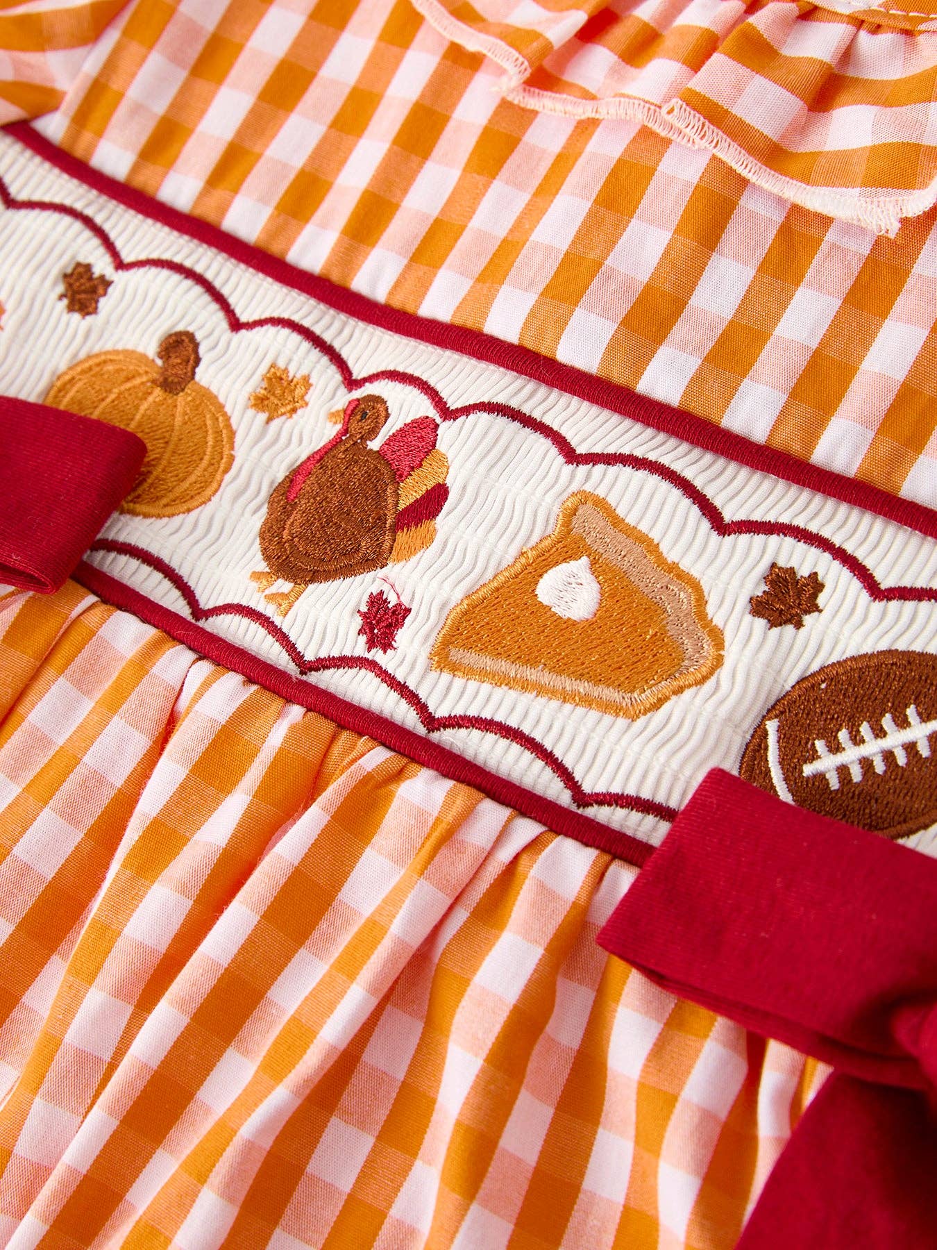 Fall Embroidered Dress for Girls – Orange Checkered with Halloween Details