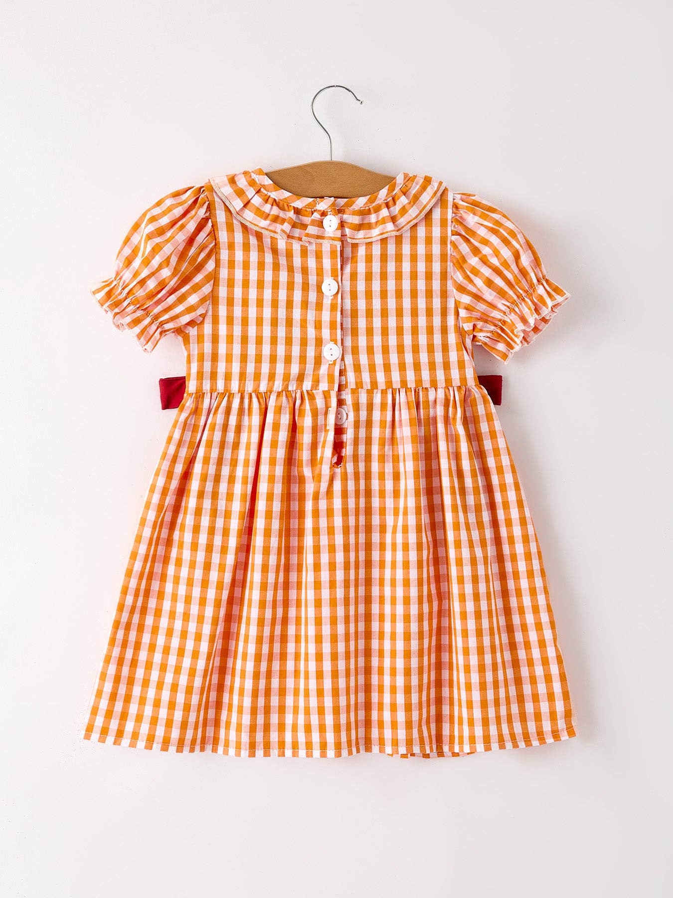 Fall Embroidered Dress for Girls – Orange Checkered with Halloween Details